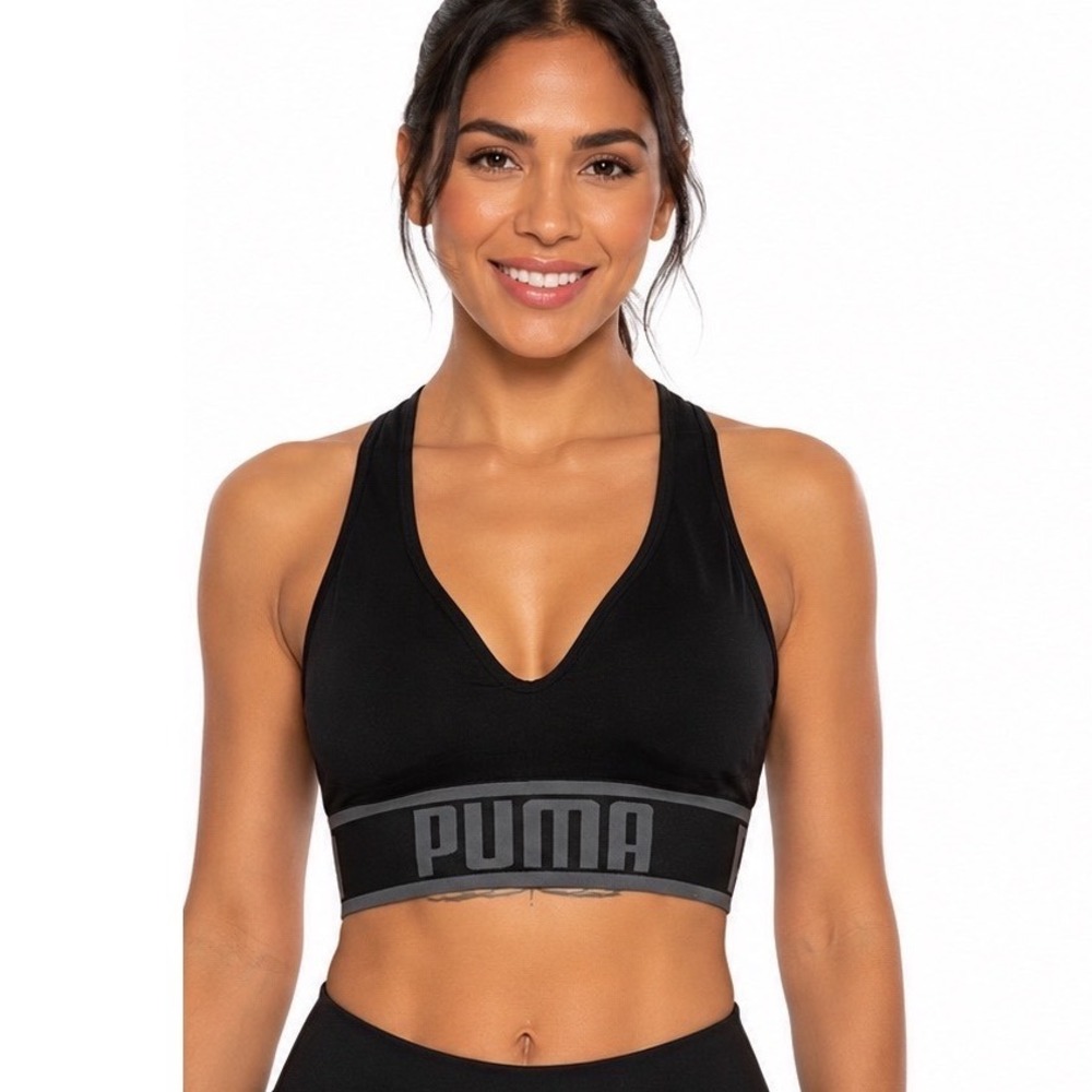 Puma Seamless Racerback Sports Bra Black Logo Band Padded V-Neck Gym 104-77